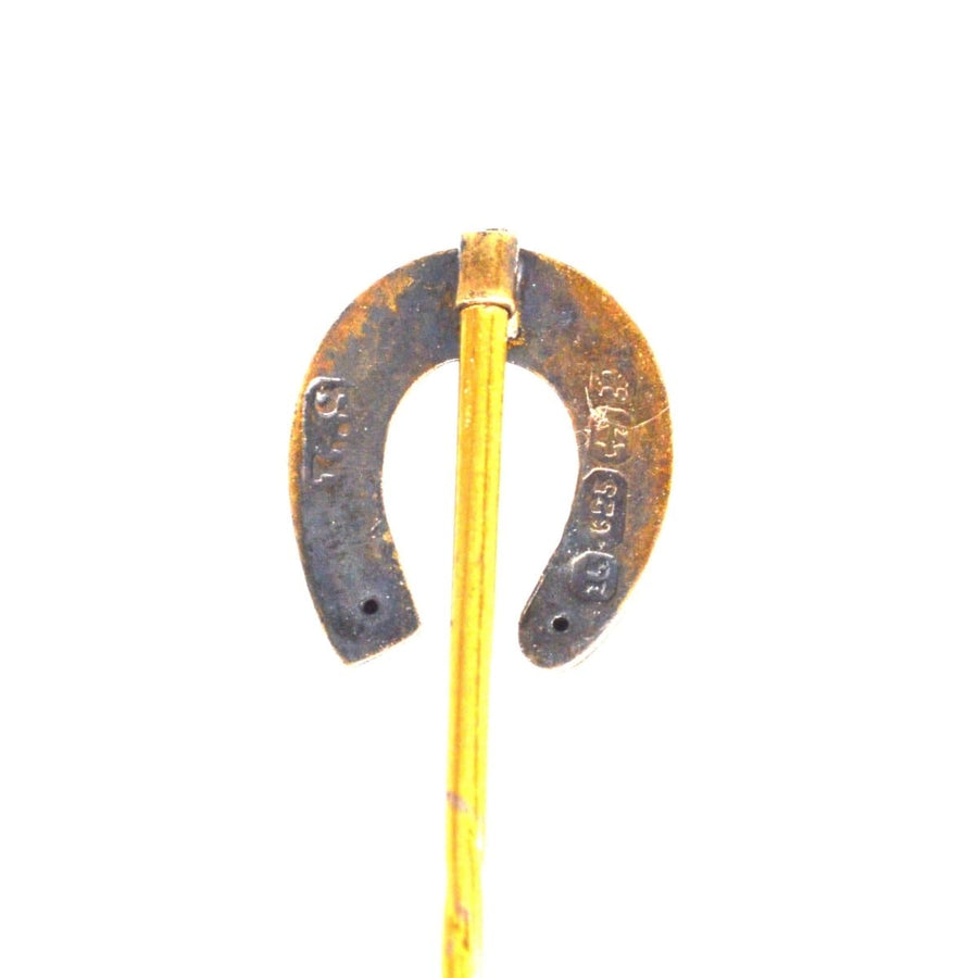 Victorian 15ct gold horseshoe tie pin, Birmingham 1889, symbolizes luck and sophistication, crafted by L Spiers jewellers.