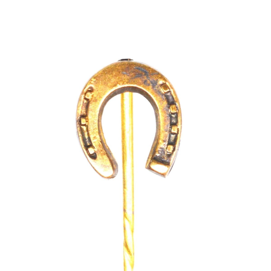 Victorian 15ct gold horseshoe tie pin from 1889, symbolizing luck and charm, crafted by L Spiers in Birmingham.