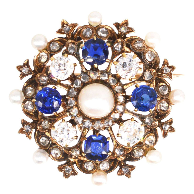 Victorian 18ct Gold Diamond, Sapphire and Natural Pearl Brooch/Pendant