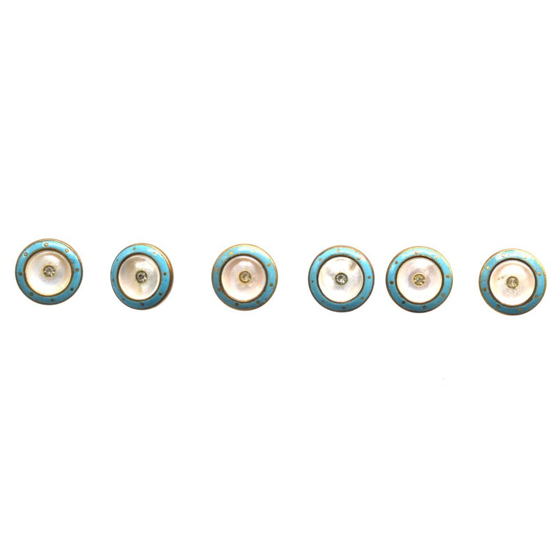 Victorian Gold Gilt, Mother of Pearl & Turquoise Enamel Paste Buttons