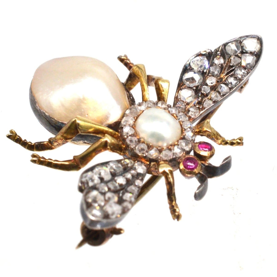 Victorian Silver & 18ct Gold, Rose Cut Diamond and Pearl Bee / Insect Brooch | Parkin and Gerrish | Antique & Vintage Jewellery