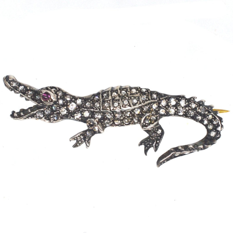 Vintage 15ct Gold, Silver, Rose-Cut Diamond & Garnet-Eyed Crocodile Brooch