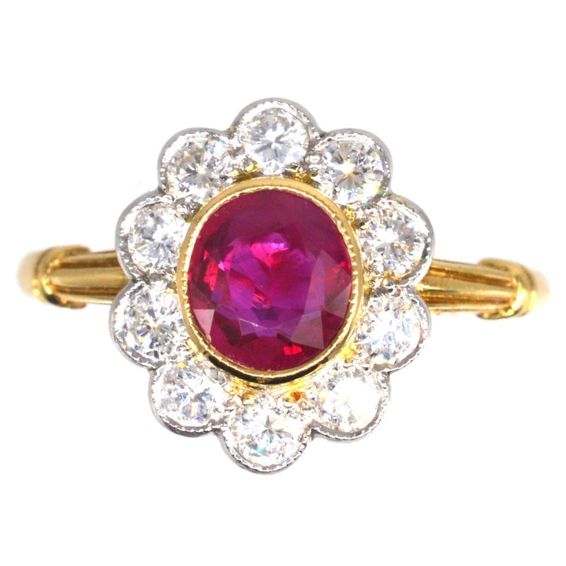 Vintage 18ct Gold Burma Ruby and Diamond Cluster Ring
