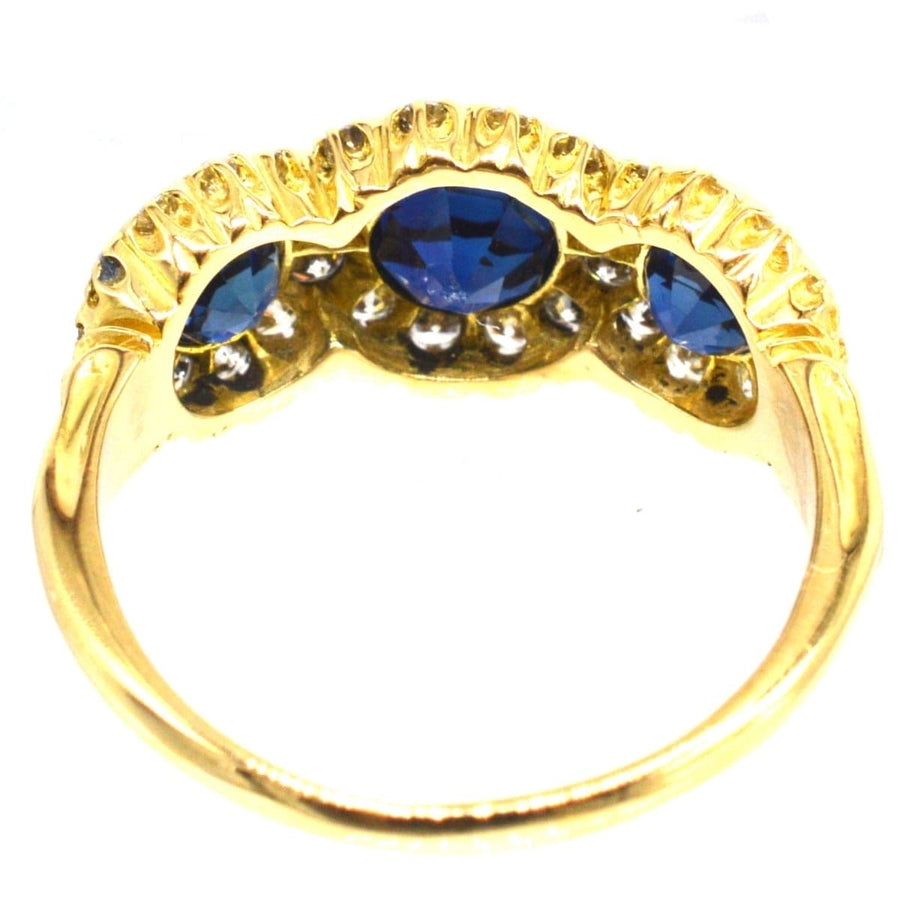 Vintage 18ct Gold Sapphire and Diamond Triple Cluster Ring | Parkin and Gerrish | Antique & Vintage Jewellery