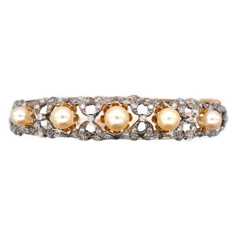 1940s 18ct Gold Cultured Pearl and Diamond Bangle