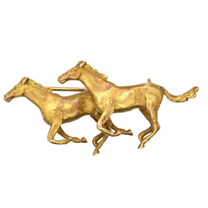 1940s 9ct Gold Two Galloping Horses Brooch by Alabaster & Wilson
