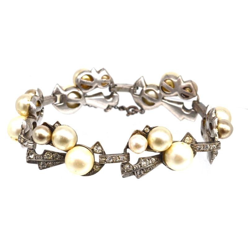 1940s Retro Sterling Sliver, White Paste "Diamond" and Faux Pearl Bracelet