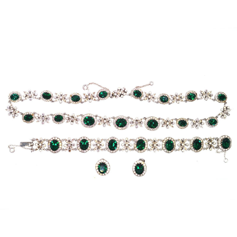 1960s "Green Tourmaline" Paste and "Diamond" Paste Parure- Necklace, Bracelet and Earrings
