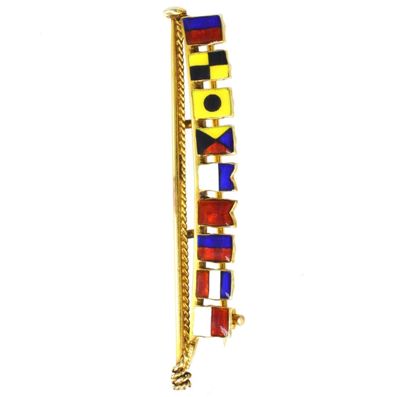 Broche vintage des années 1970 en or 9 carats et émail, motif drapeau nautique, avec inscription Elizabeth