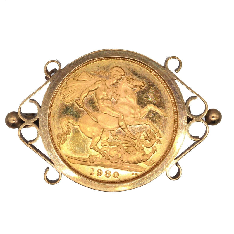 Souverain en or 22 carats de 1980 dans une monture de broche en or 9 carats avec la reine Elizabeth II George et le dragon