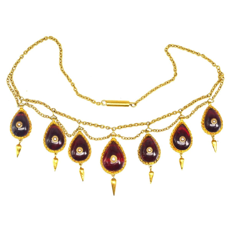 19th Century 15ct Gold, Cabochon Garnet and Seed Pearl Swag Chain Necklace