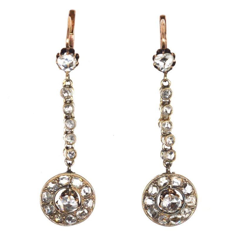 19th Century French  Long Drop 18ct Gold Rose Cut Diamond Earrings