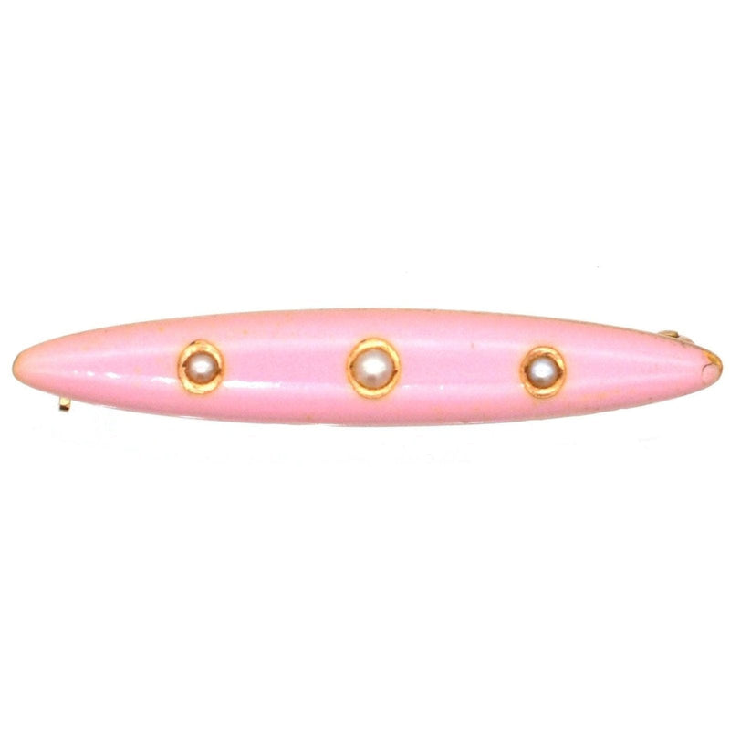 American Edwardian 14ct Gold, Baby Girl Pink Enamel Bar Brooch with Three Split Pearls