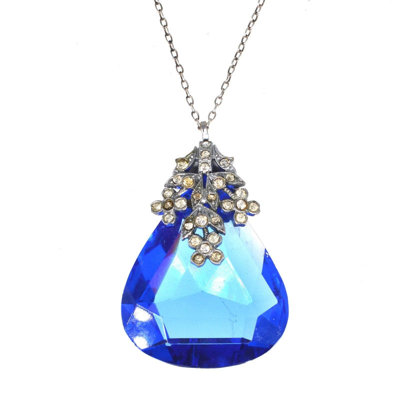 Art Deco Chrome Blue and White Paste Pendant on Silver Chain