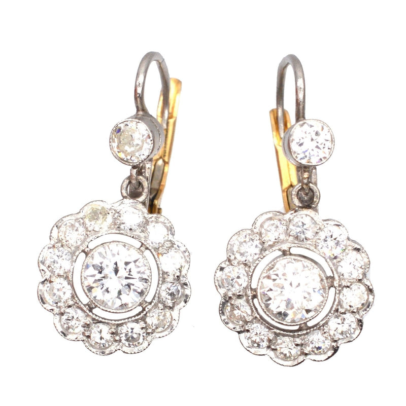 Art Deco Platinum and 18ct Gold, Diamond Cluster Drop Earrings