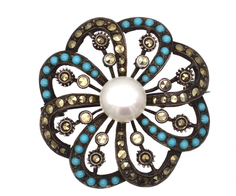 Art Deco Silver Marcasite Turquoise and Cultured Pearl Brooch