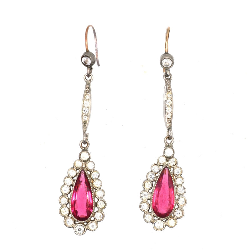 Art Deco Silver-Tone Red "Ruby" Paste Pear Shaped Cluster Drop Earrings