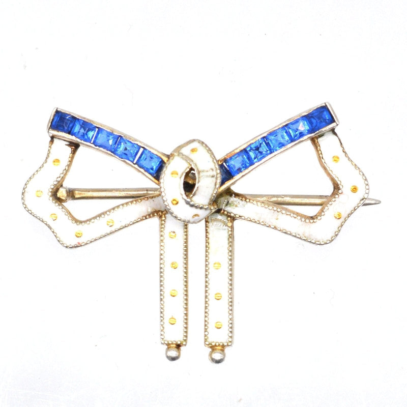 Art Deco Silver White Enamel and Blue 'Sapphire' Paste Bow Brooch