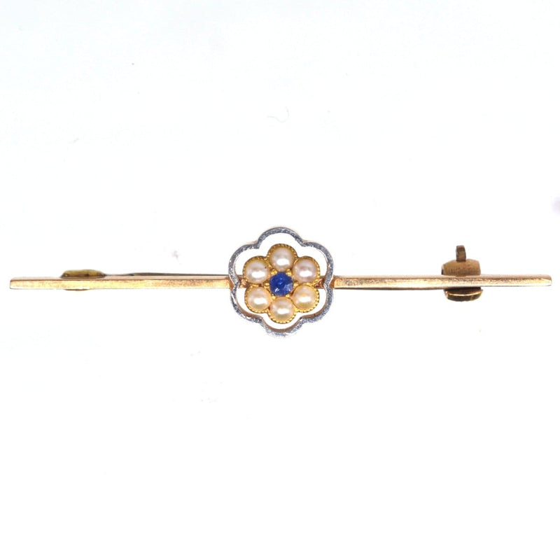 Edwardian 15ct Gold and Platinum Bar Brooch with Sapphire and Pearl Cluster Flower