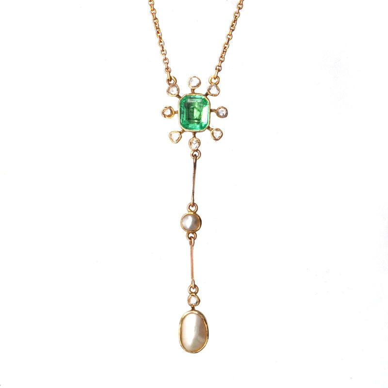 Edwardian 15ct Gold Emerald & Rose Cut Diamond Cluster and Natural Pearl Drop Pendant on 9ct Gold Chain