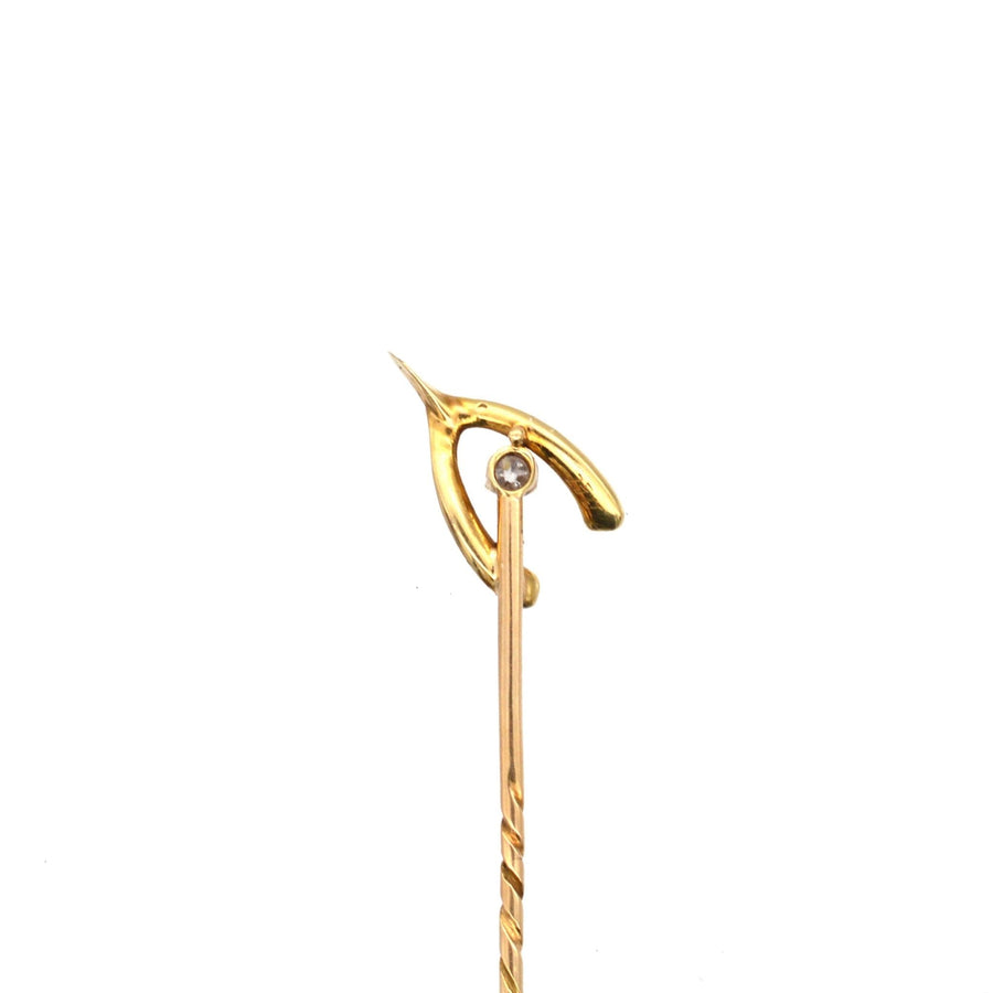 15ct gold wishbone tie pin with seed pearls and diamond, vintage circa 1900, a unique accessory for a husband.