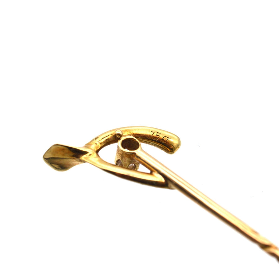 Edwardian 15ct gold wishbone tie pin with seed pearls and diamond, designed circa 1900.