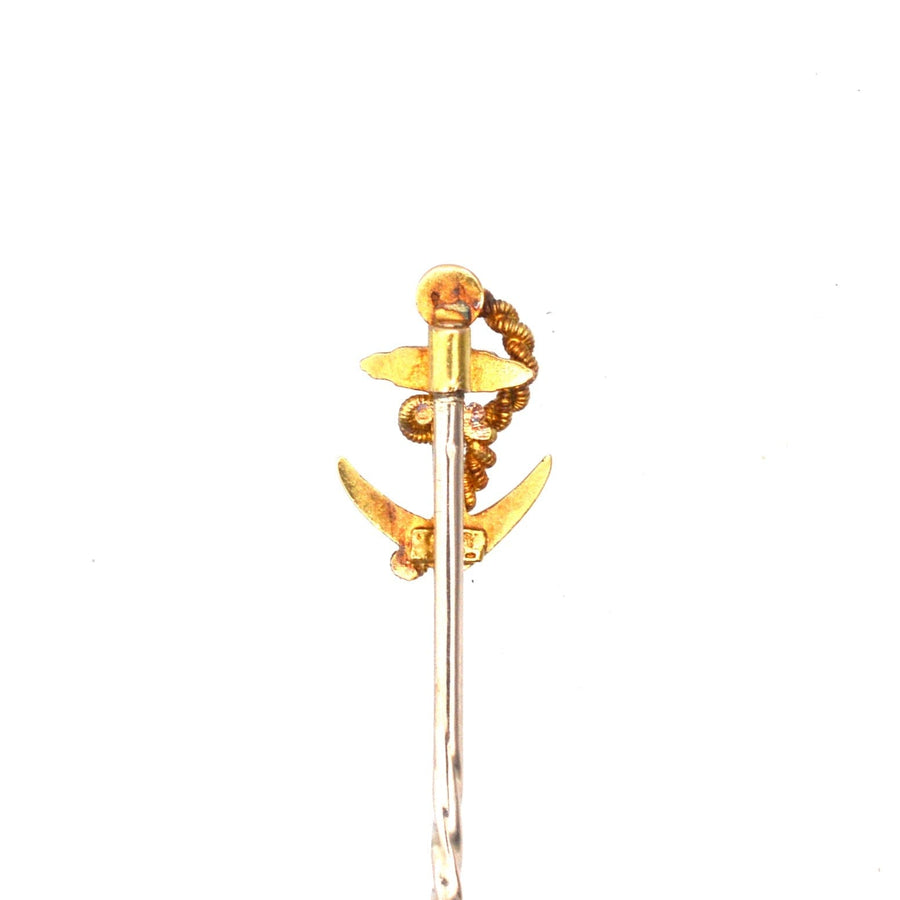 Edwardian 15ct gold ship anchor and rope tie pin, symbolizing love and enduring bonds.