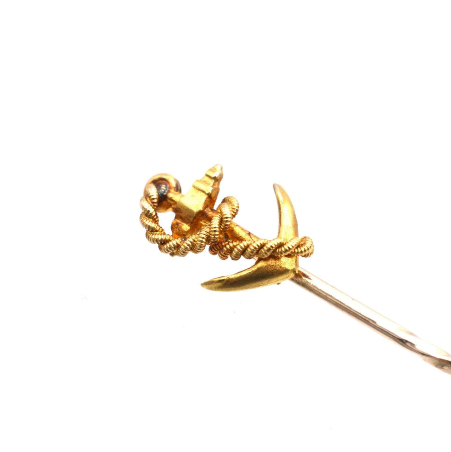 Edwardian 15ct gold ship anchor and rope tie pin, symbolizing enduring love and perfect for wedding attire.