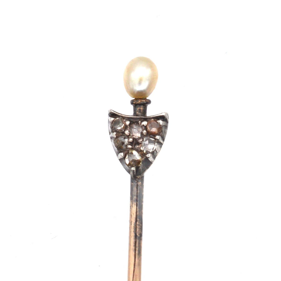 Edwardian 15ct gold and silver tie pin featuring a rose diamond shield and lustrous natural pearl.