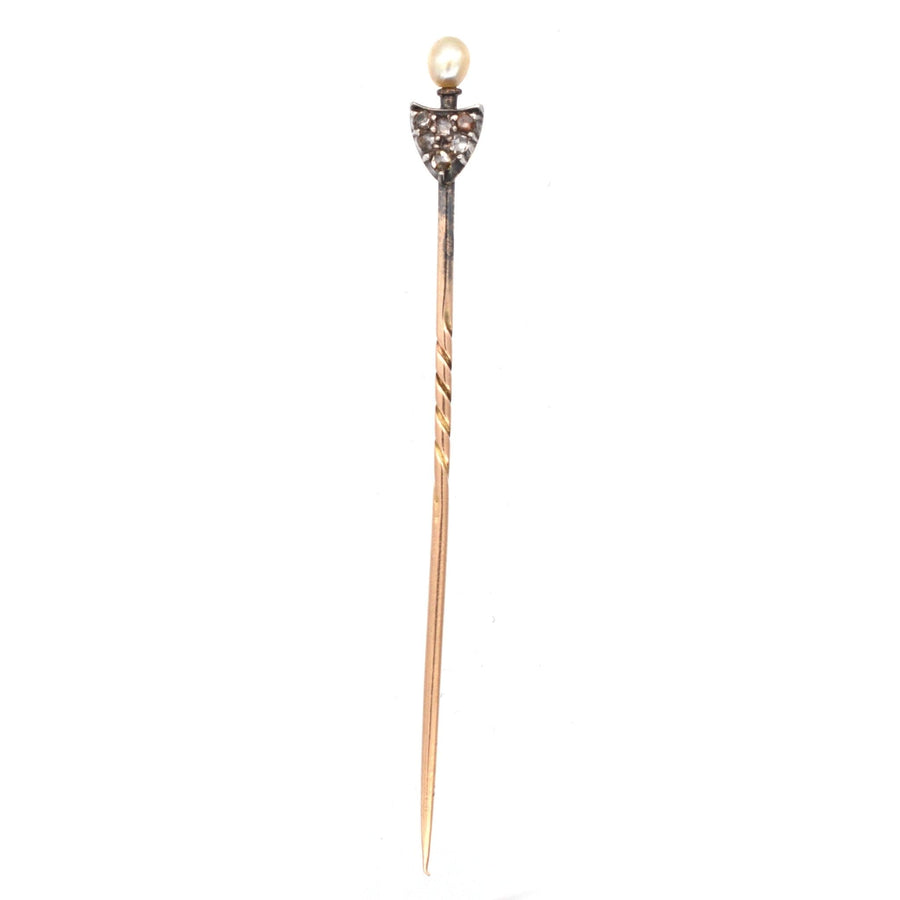 15ct gold and silver rose diamond shield tie pin with natural pearl, perfect for adding elegance to a silk tie.