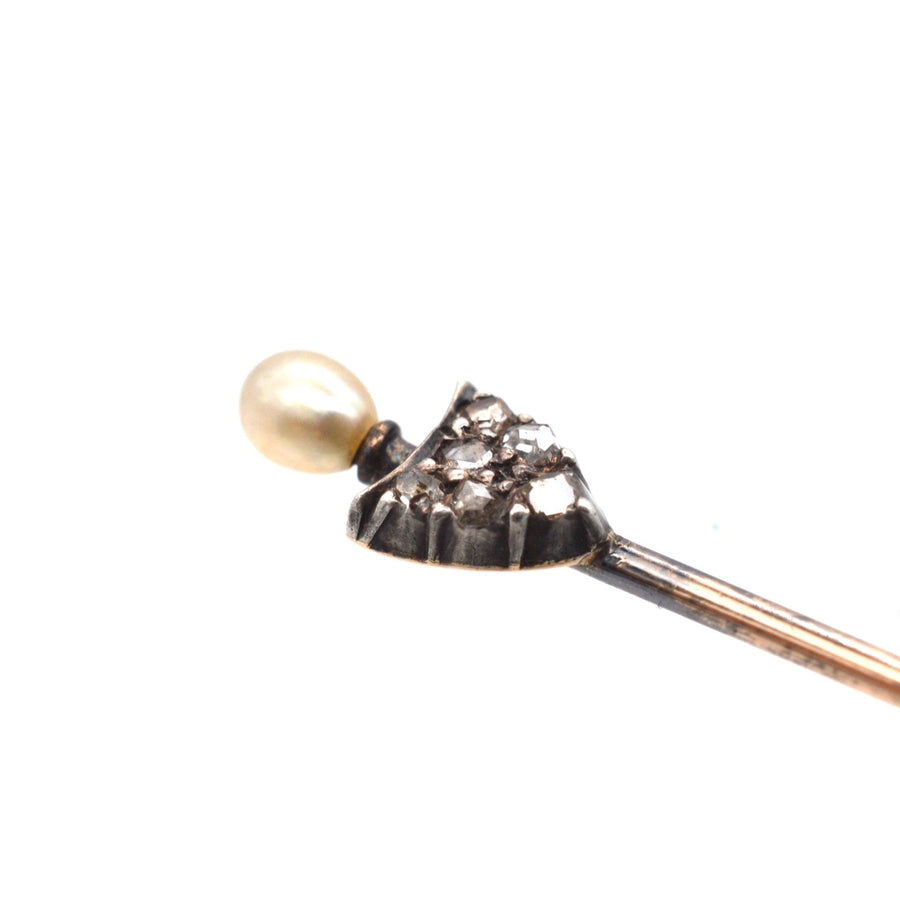 Edwardian 15ct gold and silver shield tie pin with rose diamonds and natural pearl, perfect for silk ties.