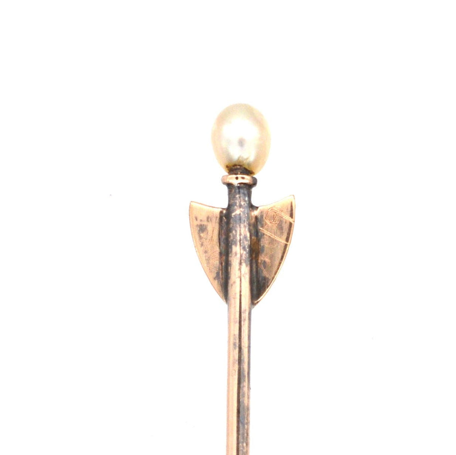 Edwardian 15ct gold and silver tie pin with rose diamond shield and natural pearl, perfect for colorful silk ties.