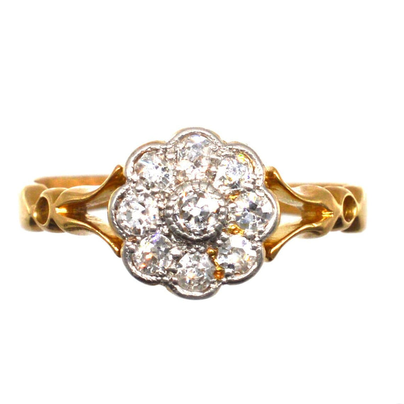 Edwardian 18ct Gold Old Mine Cut Diamond Cluster Ring with Decorated Shoulders