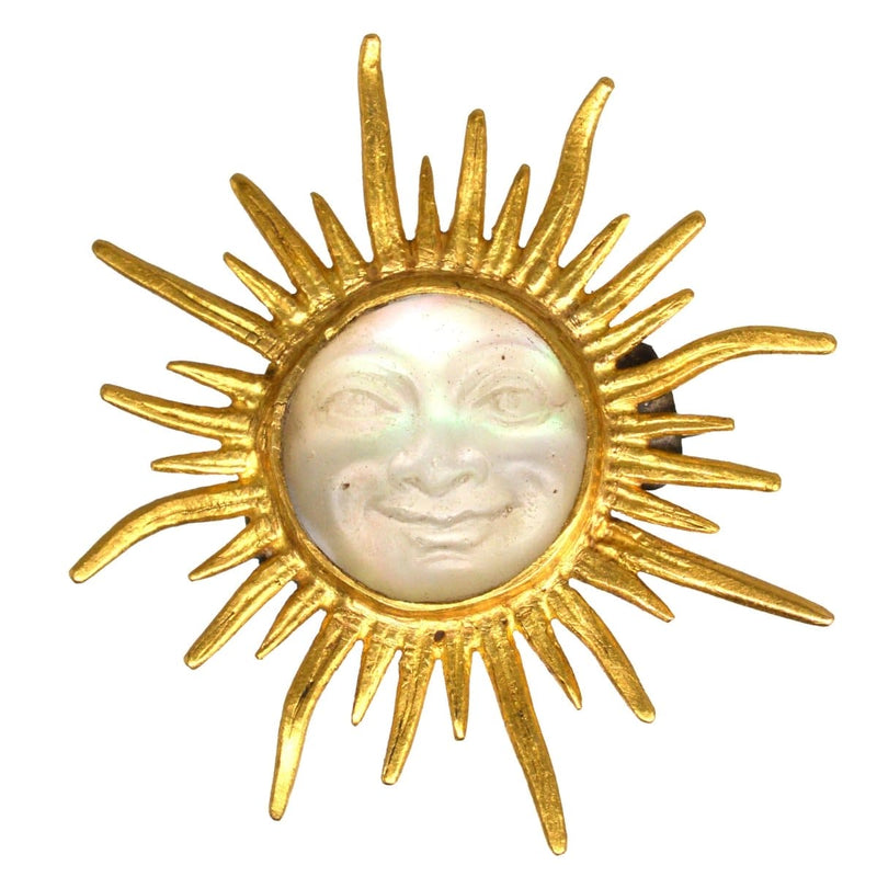 Edwardian 18ct Gold Opalescent Glass Man in the Moon Sunburst Brooch