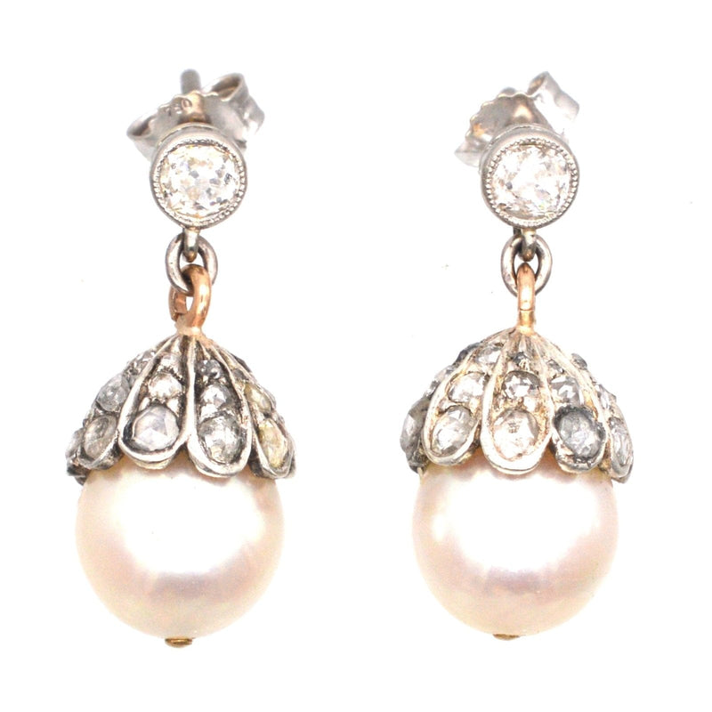 Boucles d'oreilles édouardiennes en or blanc 18 carats, perles de culture et diamants roses