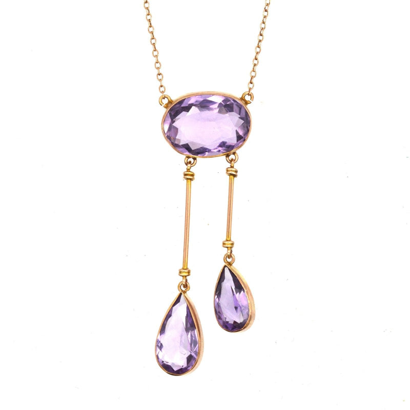 Edwardian 9ct Gold Amethyst Double Drop Negligee Lavalliere Necklace