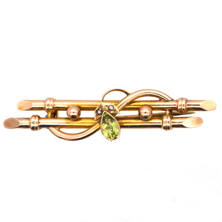 Edwardian 9ct Gold Bar Brooch with a Pear Shape Peridot & Seed Pearls | Parkin and Gerrish | Antique & Vintage Jewellery