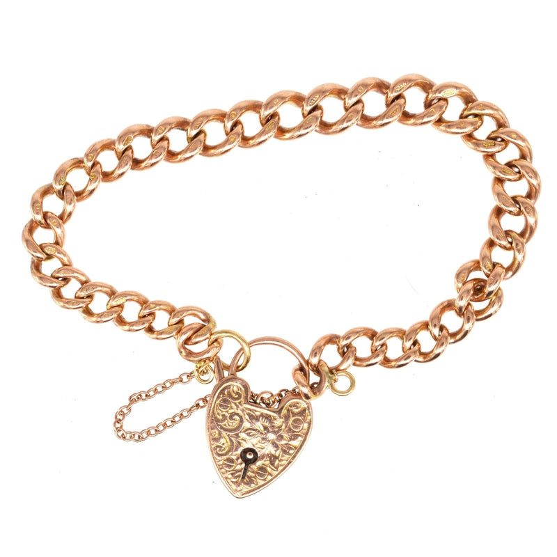 Edwardian 9ct Gold Curb Link Bracelet with Heart Padlock
