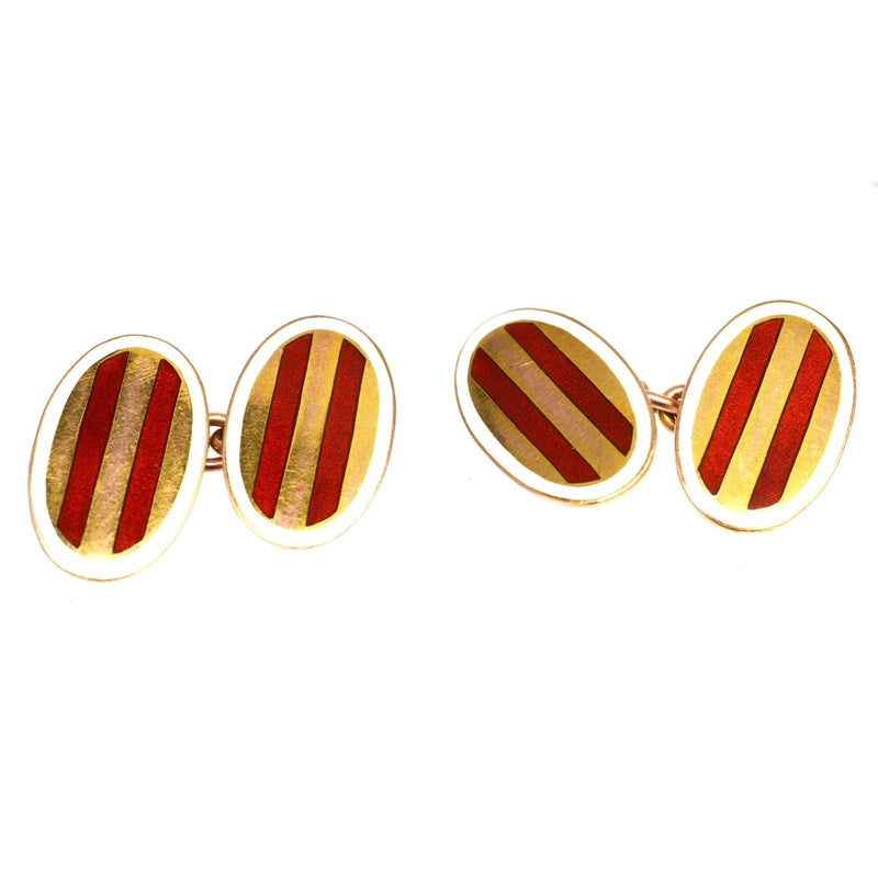 Edwardian 9ct Gold Oval Red Striped Enamel Cufflinks with a White Frame