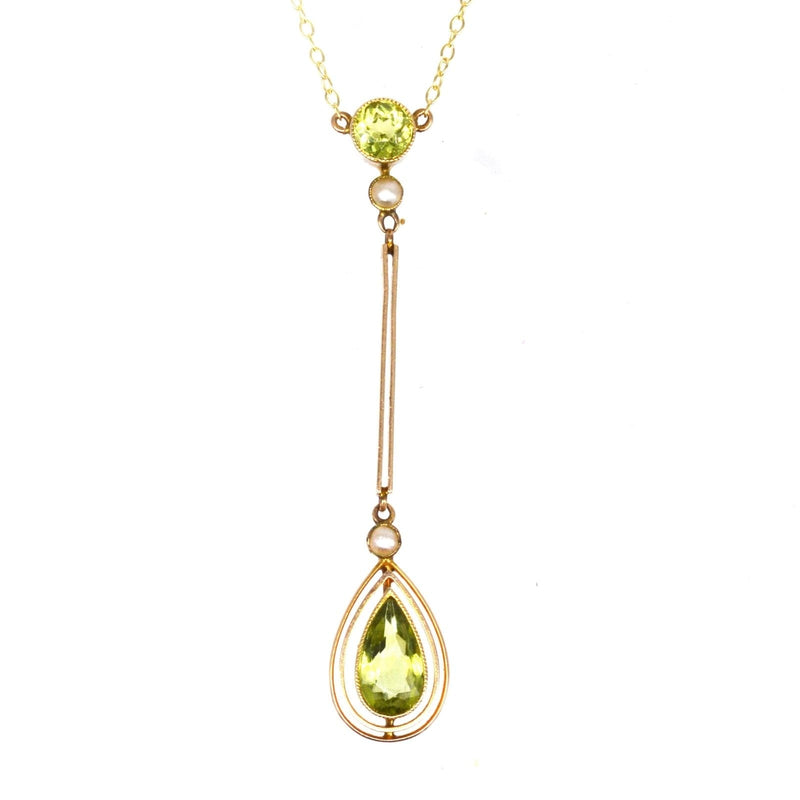 Edwardian 9ct Gold Peridot and Pearl Drop Pendant on Chain