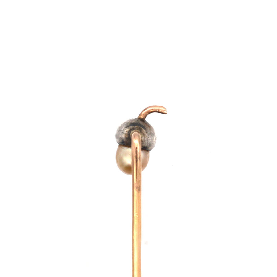 Edwardian 9ct Gold & Silver, Diamond & Natural Pearl Acorn Tie Pin | Parkin and Gerrish | Antique & Vintage Jewellery