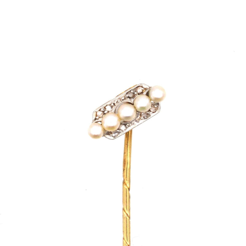 Épingle à cravate diagonale édouardienne hollandaise en platine et or 14 carats, cinq perles et diamants