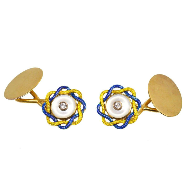 Edwardian Mother of Pearl, Diamond and Yellow and Blue Enamel Cufflinks