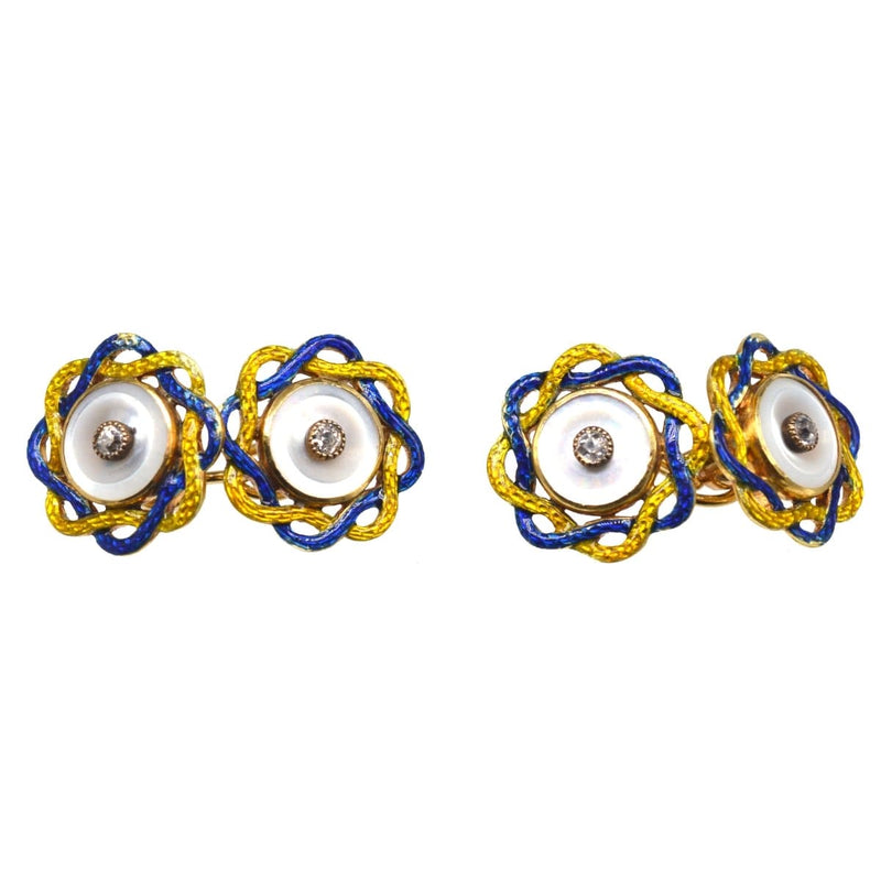 Edwardian Mother of Pearl, Diamond and Yellow and Blue Enamel Cufflinks
