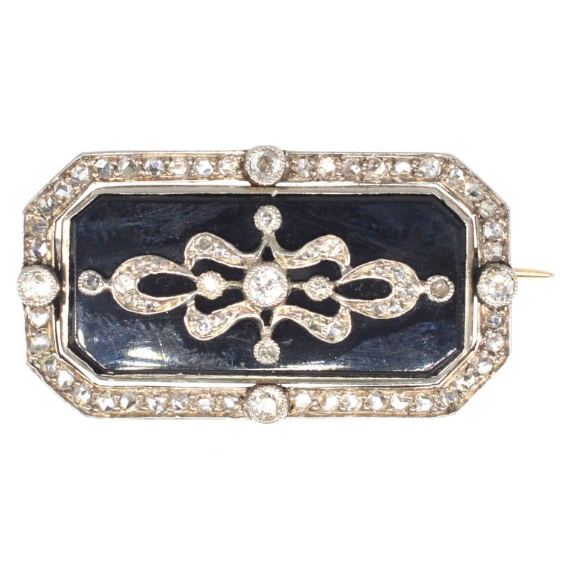 Edwardian Platinum and 15ct Gold, Onyx and Diamond Plaque Brooch