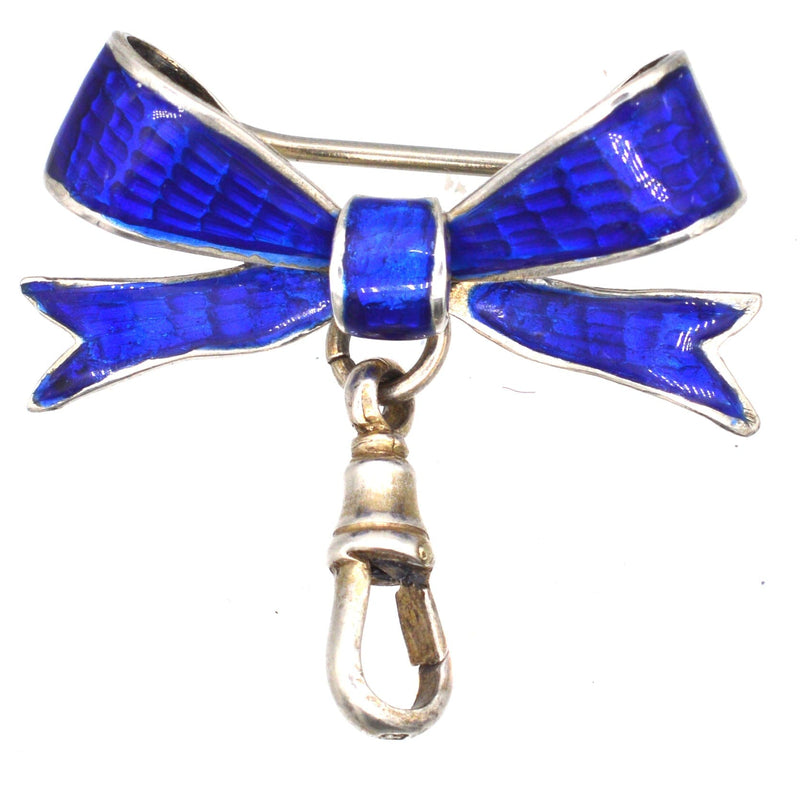 Edwardian Royal Blue Guilloché Enamel and Silver Bow Brooch with Dog Clip