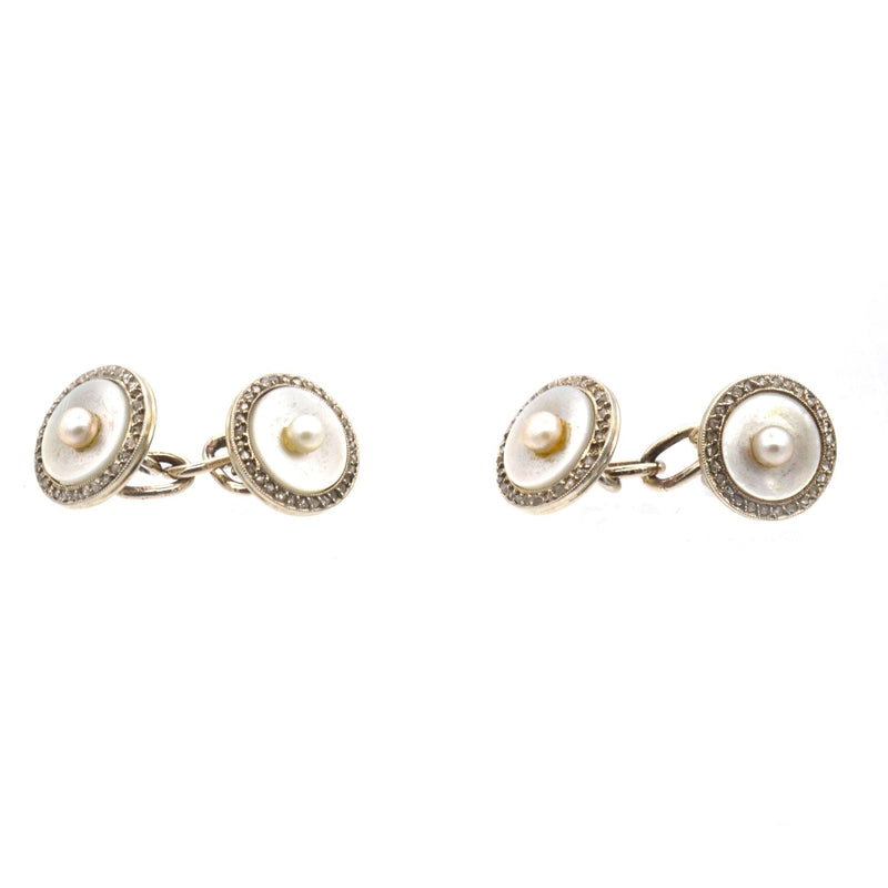 French Belle Époque 18 ct Gold, Mother of Pearl, Rose Diamond & Pearl Cufflinks