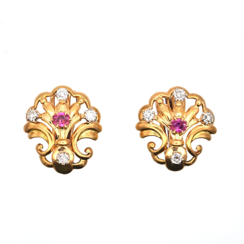 French Belle Époque 18ct Gold Ruby and Diamond Scallop Shell Clip On Earrings