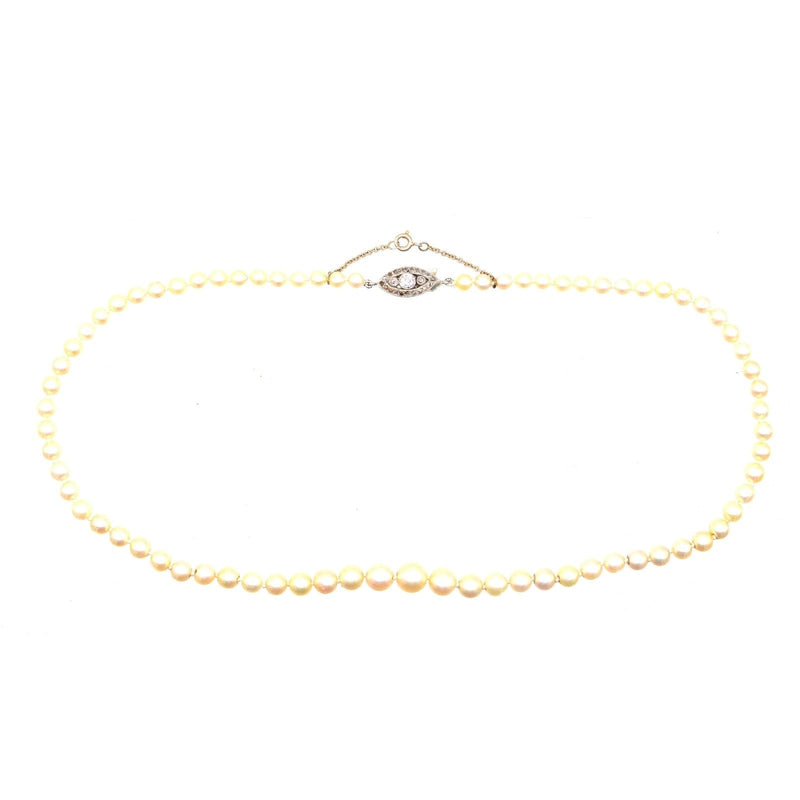 French Belle Epoque 18ct White Gold Cultured Pearl Single Strand Necklace with Diamond Clasp