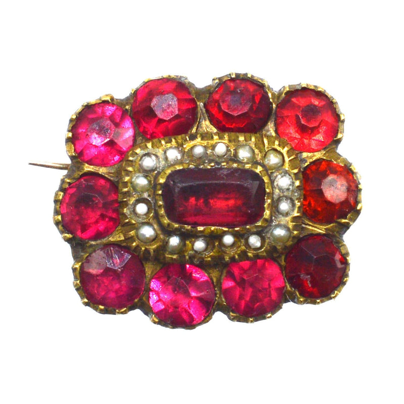 Georgian Red Paste "Garnet" and Pearl Cluster Brooch